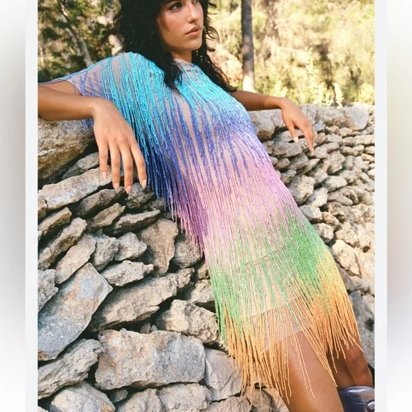 NWT Nasty Gal Rainbow Tassel Fringe Shift Dress - Picture 3 of 16